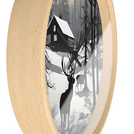 HUNTING CABIN Wall Clock - Winter Deer Scene Rustic Lodge Decor