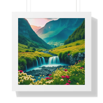 Beautiful Mountain Valley Framed Poster, Waterfall Nature Scene Picture, Flower Blossom Spring Wall Hanging, Flowing River Office Scenery