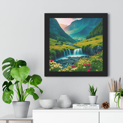 Beautiful Mountain Valley Framed Poster, Waterfall Nature Scene Picture, Flower Blossom Spring Wall Hanging, Flowing River Office Scenery