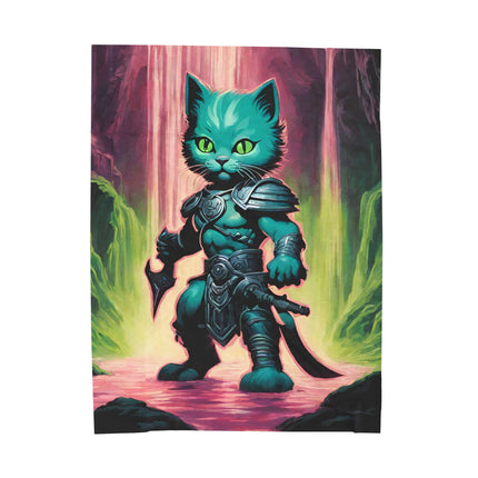 Warrior Blue Shank Cat Blanket, Waterfall Cave Kitten Warm Couch Throw, Glowing Neon Green Bed Cover, Armored Kitten Bedroom Plush Sheet