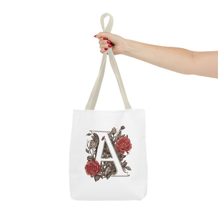Custom Letter Personalized Tote | Rose Flowered Grocery Travel Bag | Floral Print Roses Office Laptop & Books or Exercise Overnight Carrier