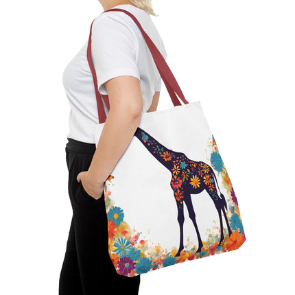 Giraffe Lovers Tote | Floral Safari Animal Grocery Bag | African Savanna Office Travel Carrier | Flower Collage Forest Cotton Traveler