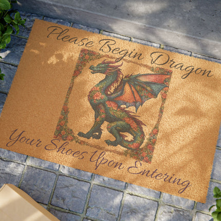 PLEASE BEGIN DRAGON YOUR SHOES UPON ENTERING Fantasy Dragon Tufted Door Rug