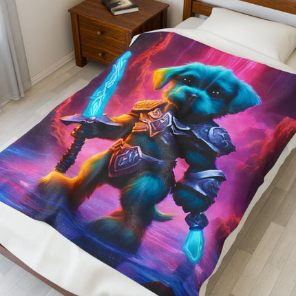 NEON SWORD WARRIOR PUPPY Blanket - Glowing Waterfall Cavern Armored Dog Plush Cover