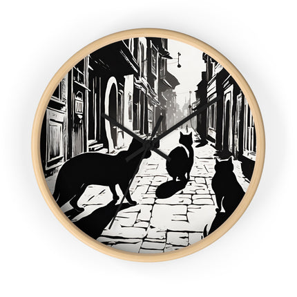 CAT TOWN ALLEYWAY Wall Clock - Vintage Cobblestone Street Cat Decor