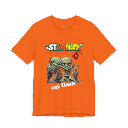 STUBWAY EAT FLESH Zombie Eating T-Shirt - Funny Subway Parody Horror Tee