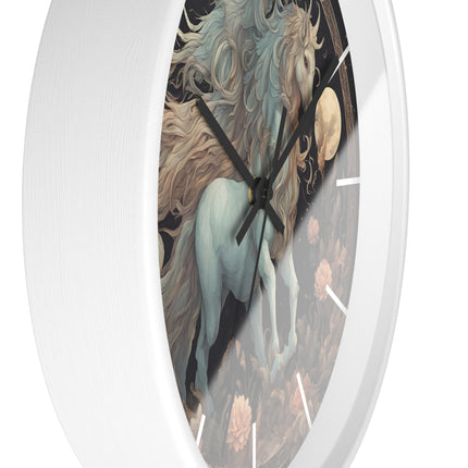 Majestic Myths Art Clock | Floral Flower Night Field Horned Horse Wall Hanging | Mystical Moon Fantasy Home Office Decor Gift