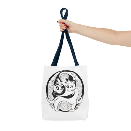 Cat Lovers Tote | Cats Yin Yang Style Grocery Bag | MEOW Chinese Print 2 Sided Office Carry All | School Supplies Kitten Carrier Tote