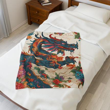 FLORAL JAPANESE DRAGON Blanket - Asian Flower Serpent Plush Throw