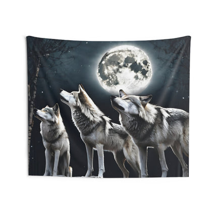 Moon Wolves Wall Decor | Night Sky Mountain Wolf Pack Tapestry | Starry Dark Full Lunar Gift | Wooded Wild Dogs Game & Bedroom Wall Hanging