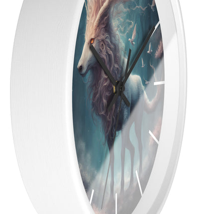 Majestic Myths Art Clock | Floral Flower Forest Horned Horse Wall Hanging | Mystical Maned Goat Fantasy Home Office Decor Gift