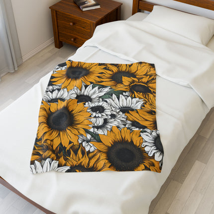 Sunflower Pattern Blanket, Spring or Summer Couch Plush Throw, Yellow and White Flower Bed Cover, Country Home Warm Bedroom Cozy Sheet