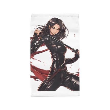 Anime Girl Polyester Lunch Bag, Beautiful Leather Clad Ninja Assassin, Double End Katana Sword, Adult or Teen Work Office & School Gift