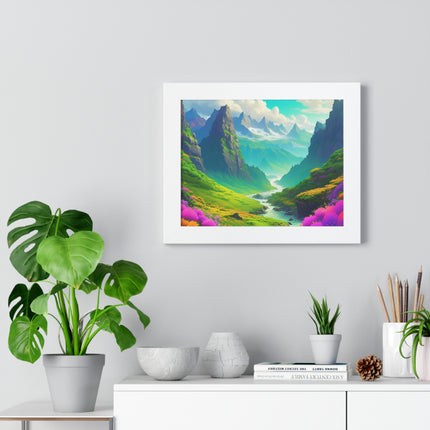 Fantasy Art Flower Mountain Valley, Landscape Framed Poster, Video Game Open World Scene Picture, River Spring Wall Hanging, Office Scenery