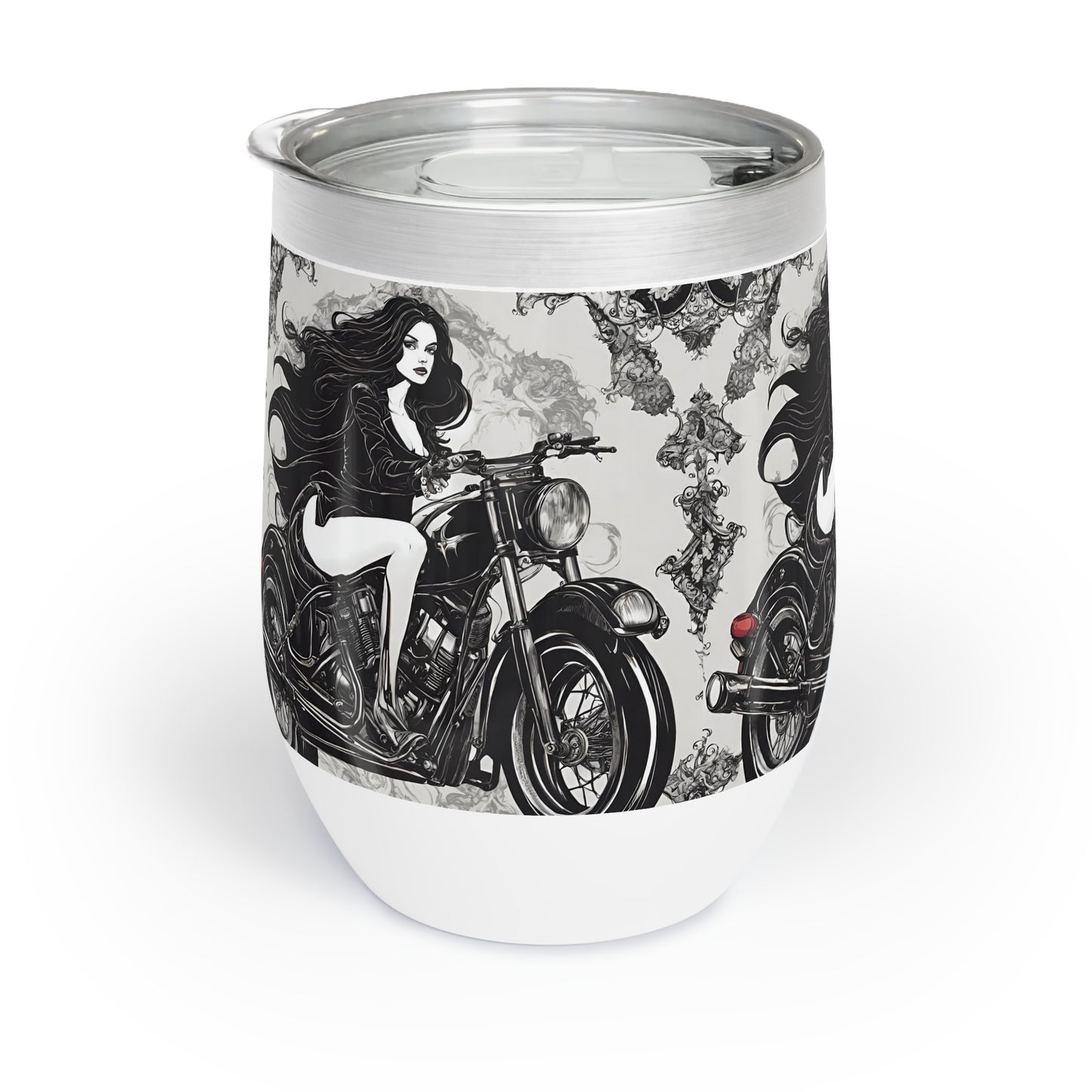 Gothic Girls Motorcyle Wine Tumbler, Biker Chick Riding Wine Cooler, Black and White Cycle Insulated Cup