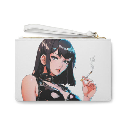 Personalized Clutch Bag, Cigarette Smoking Anime Girl Makeup Case, Sexy Leather Outfit Japanese Style Art Wallet Purse, Cartoon Lover Gift