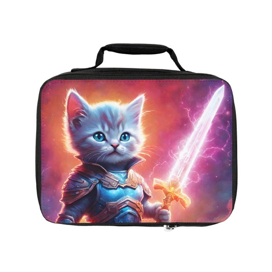 Lightning Sword Fur Warrior Cat Lunch Bag Box, Boys and Girls Colorful Sky Feline School Tote, Armored Cosmic Furry Kitten Insulated Bag