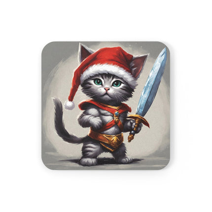 Christmas Drink Coaster Kitten Drink Holder Santa Warrior Kitten Snow Sled Cat Lover Cork Coaster