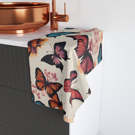Floral Butterfly Hand Towel | Flower Pattern Flying Insect Decor | Bathroom Accent Drying Cloth | Spring & Summer Flutter Fly Polyester Gift