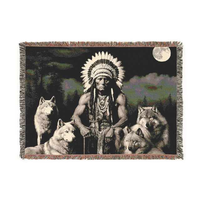 MOONLIGHT WOLF INDIAN CHIEF Woven Blanket - Native American Folk Art Heirloom Throw