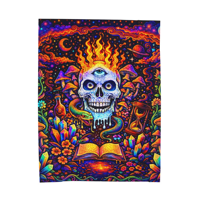 PSYCHEDELIC MIND'S EYE FLAMING BLUE SKULL Trippy Mushroom Blanket