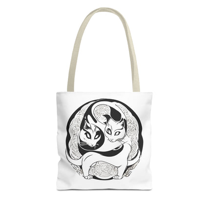 Cat Lovers Tote | Cats Yin Yang Style Grocery Bag | MEOW Chinese Print 2 Sided Office Carry All | School Supplies Kitten Carrier Tote