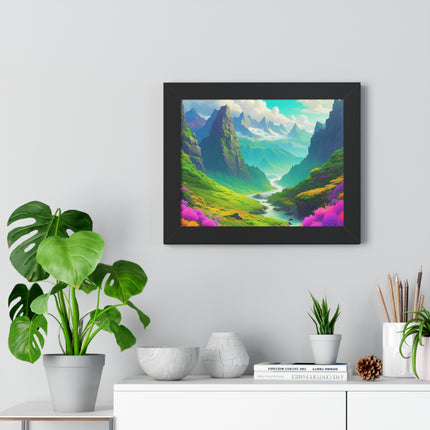 Fantasy Art Flower Mountain Valley, Landscape Framed Poster, Video Game Open World Scene Picture, River Spring Wall Hanging, Office Scenery