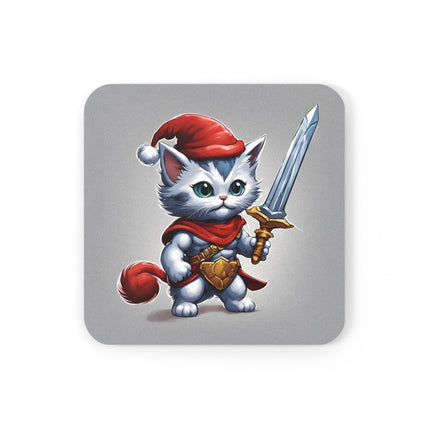 Christmas Drink Coaster Kitten Drink Holder Santa Warrior Kitten Snow Sled Cat Lover Cork Coaster