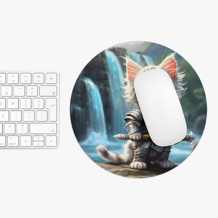 Warrior Cat Mouse Pad, Waterfall Kitten, Armored Fighter Kitty, Sword Battling Feline
