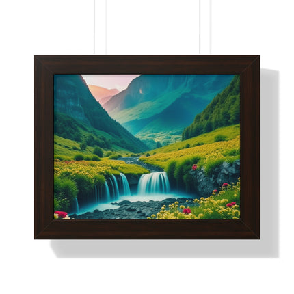 Beautiful Mountain Valley Framed Poster, Waterfall Nature Scene Picture, Flower Blossom Spring Wall Hanging, Flowing River Office Scenery
