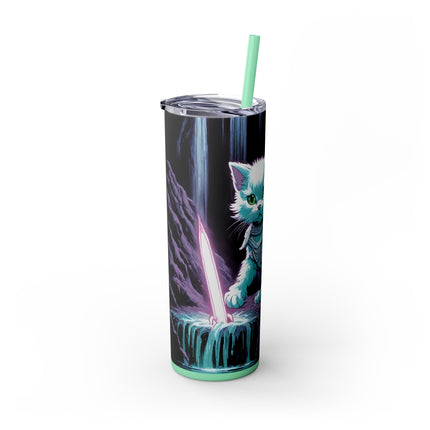 MYSTICAL WATERFALL CAVE CAT WARRIOR Tumbler - Pink Neon Sword Fantasy Kitten Cup