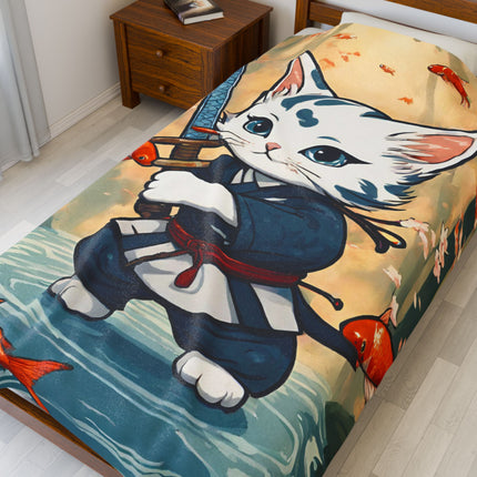 SAMURAI WARRIOR CAT Blanket - Floating Koi Sword Kitten Ninja Feline Couch Throw