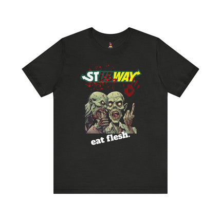 STUBWAY EAT FLESH Zombie Eating T-Shirt - Funny Subway Parody Horror Tee