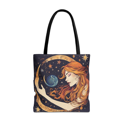 Moon Shaping Goddess Tote | Lunar Stars & Space Astronomy Grocery Bag | Woman Morphing Home Office Laptop Clothing Travel Overnight Gift