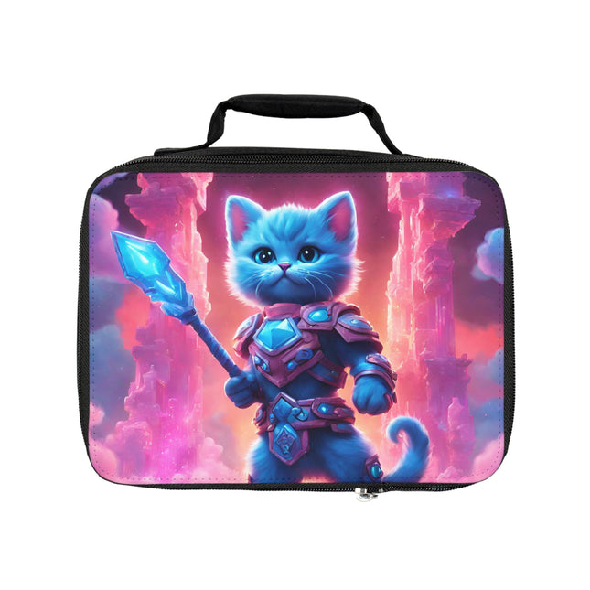 Neon Aqua Blue Warrior Cat Lunch Bag Box, Lush Crystal Tower Cloud Cliffs Feline School Tote, Armored Cosmic Furry Kitten Insulated Bag