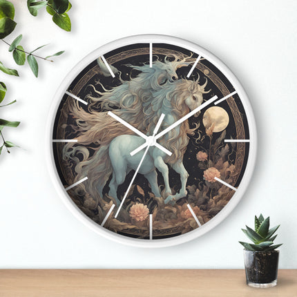 Majestic Myths Art Clock | Floral Flower Night Field Horned Horse Wall Hanging | Mystical Moon Fantasy Home Office Decor Gift