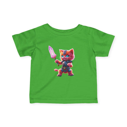 Warrior Cat Infant Gift Shirt, Glowing Sword Orange Kitten Tee, Cute Armor Kitty Short Sleeve Baby Tshirt