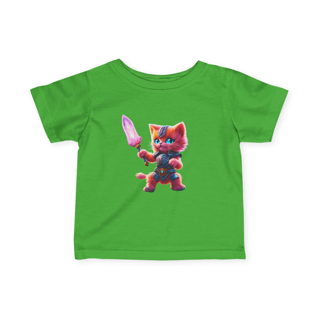 Warrior Cat Infant Gift Shirt, Glowing Sword Orange Kitten Tee, Cute Armor Kitty Short Sleeve Baby Tshirt