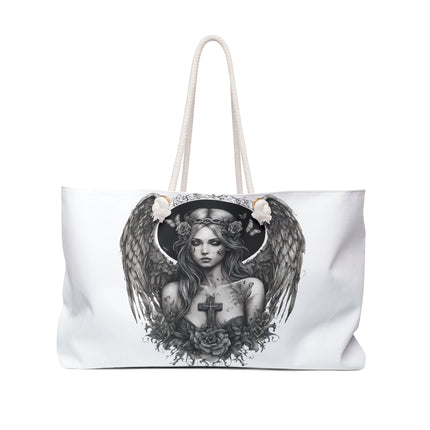 Holy Cross Broken Butterfly Angel Travel Gift Bag, Angelic Fragility Weekend Bag, Mystical Flowered Saint Beauty Tote