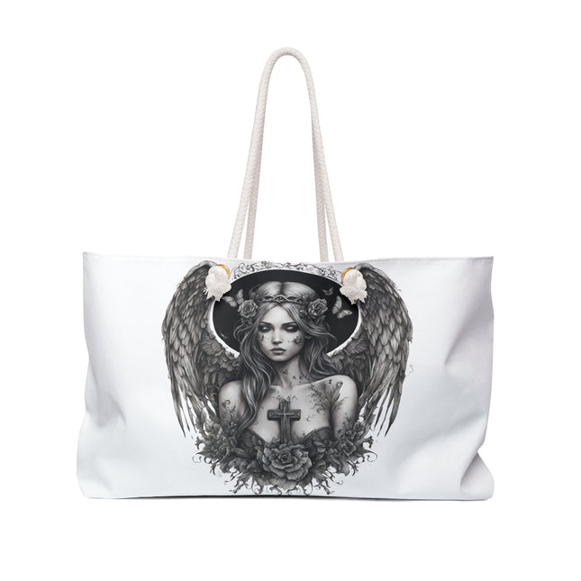 Holy Cross Broken Butterfly Angel Travel Gift Bag, Angelic Fragility Weekend Bag, Mystical Flowered Saint Beauty Tote