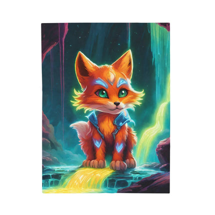 Crystal Fox Guardian Kids Blanket, Glowing Waterfall Cave Plush Throw Cover, Neon Mystic Cavern, Armored Fox Bedroom Twin Cover