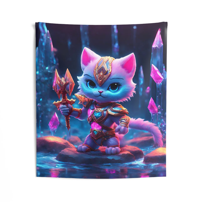 Warrior Cat Crystal Cavern Tapestry, White Armored Kitten Golden Weapon Wall Hanging, Pink Rock Mystical Cave River Graphic Tapestry