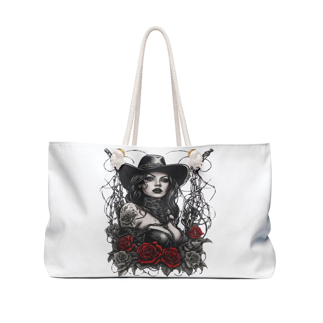 Gothic Western Cowgirl Leather Rose Chain Whip Travel Bag, Barbed Wire Gunfighter Fantasy Weekend Bag, Flowered Wild West Beauty Tote