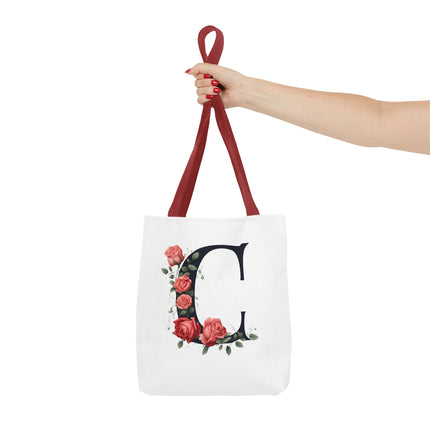 Custom Letter Personalized Tote | Rose Flowered Grocery Travel Bag | Floral Print Roses Office Laptop & Books or Exercise Overnight Carrier