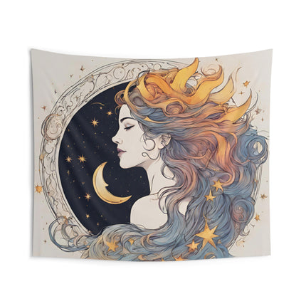 Moon Goddess Wall Decor | Lunar Stars, Space Astronomy Tapestry Gift | Astrology Woman Night Sky Flowing Hair Bed & Sun Room Wall Hanging