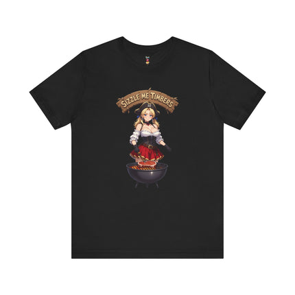 SIZZLE ME TIMBERS T-Shirt Provocative Seductive Sexy Pirate Cartoon Tee