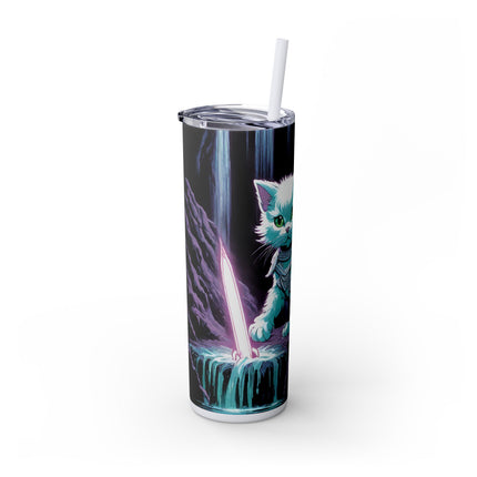 MYSTICAL WATERFALL CAVE CAT WARRIOR Tumbler - Pink Neon Sword Fantasy Kitten Cup
