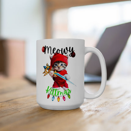 Kitten Christmas Mug, Cat Warrior Coffee Cup, Cute Cat Lover Holiday Season Ceramic Mug 15oz