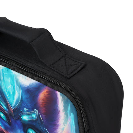Neon Crystal Violet Cybernetic Fox Lunch Bag Box, Glowing Crystal Plated Armor School Tote, Armored Cosmic Fiery Spark Fur Insulated Bag