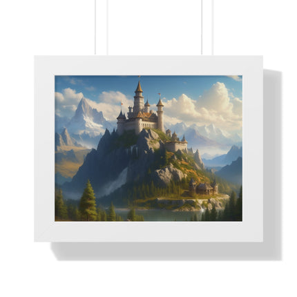 Video Game Fantasy Castle, RPG Valley Framed Poster, Mountain Nature Scene Picture, Open World Style Wall Hanging, Gamer Office Scenery